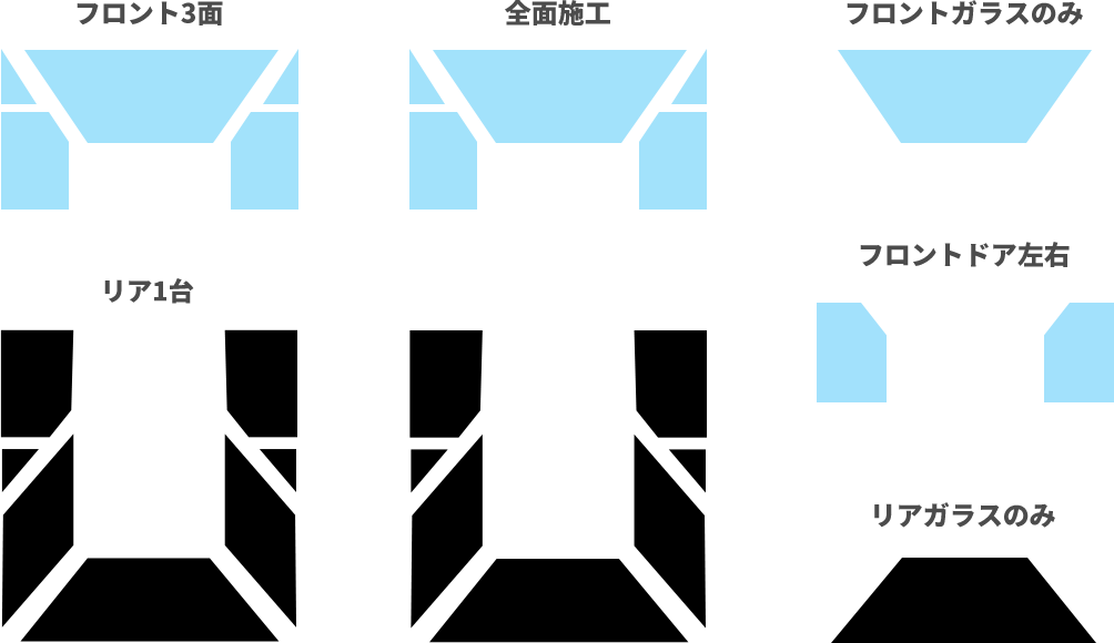 フロント3面、リア1台、全面施工、フロントガラスのみ、フロントドア左右、リアガラスのみ対応可能